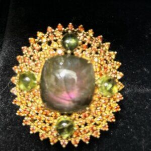 Natural Labradorite & Peridot with Gold Plated 925 Sterling Silver Ring Size 7.5